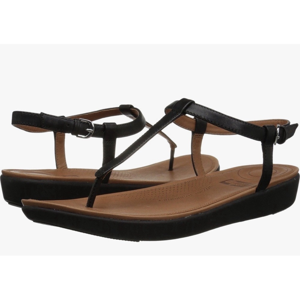 FitFlop Tia Women's 8 Black Leather T-Strap Thong Sandals Comfort Ankle Strap